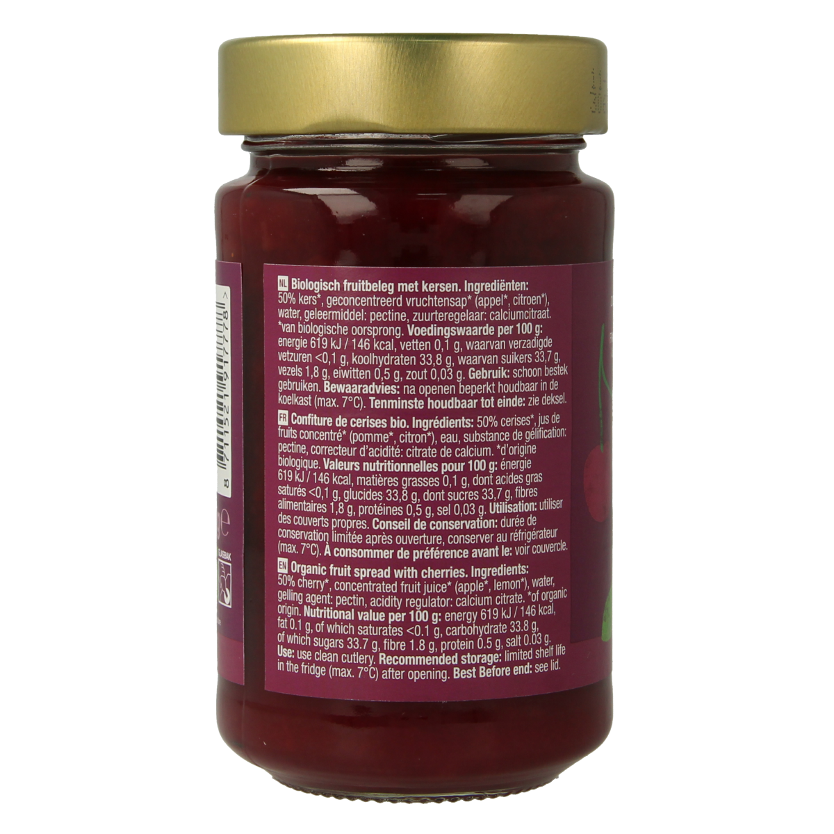 Organic Your Organic Nature fruit beleg with cherries on whole grain bread, 250g package, natural fruit spread for breakfast.