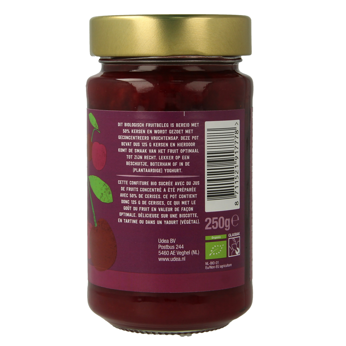 Organic fruit spread from Your Organic Nature on bread, showcasing the 250g jar of natural fruit beleg.