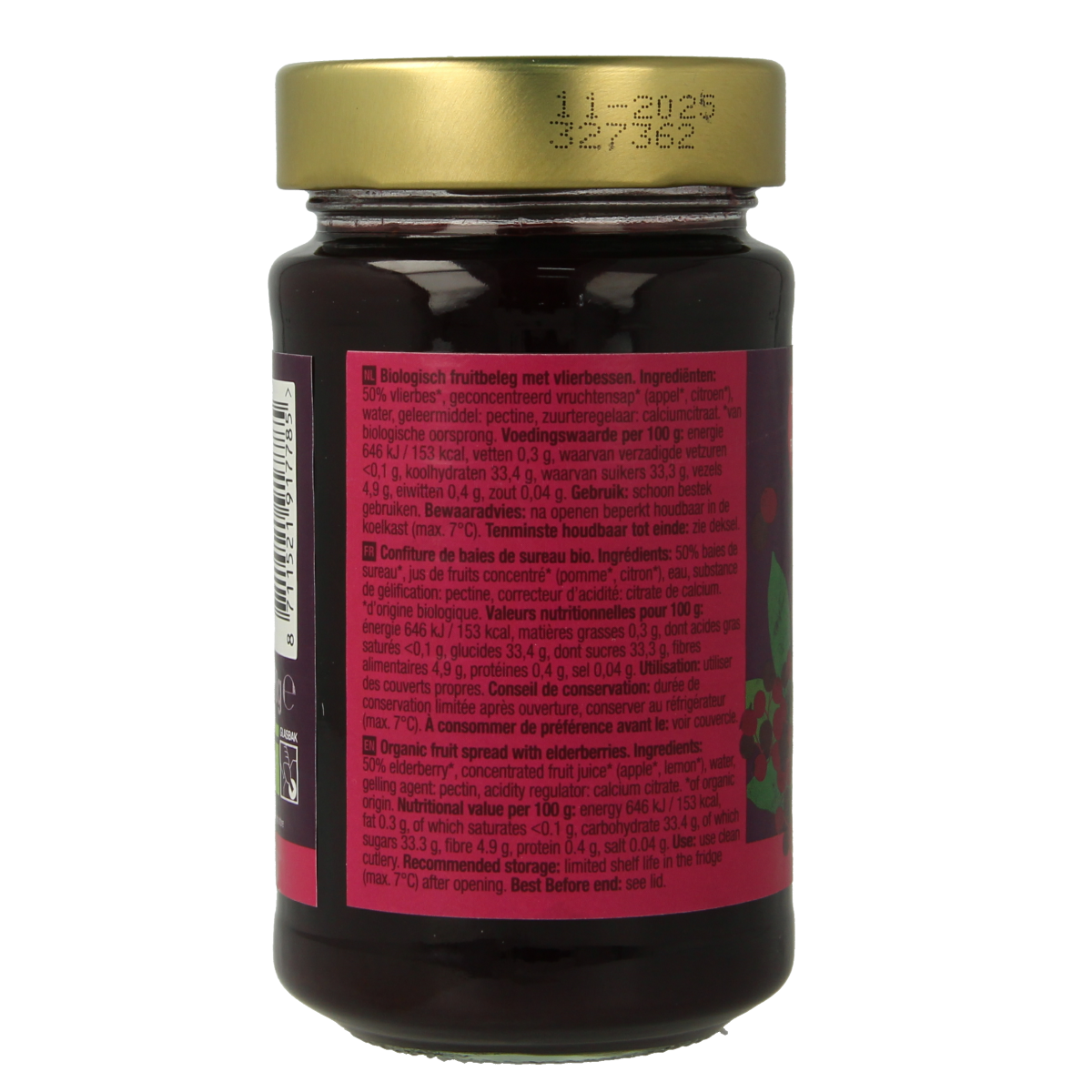 Jar of Your Organic Nature bio black currant fruit spread on a white background, showcasing the organic broodbeleg product.