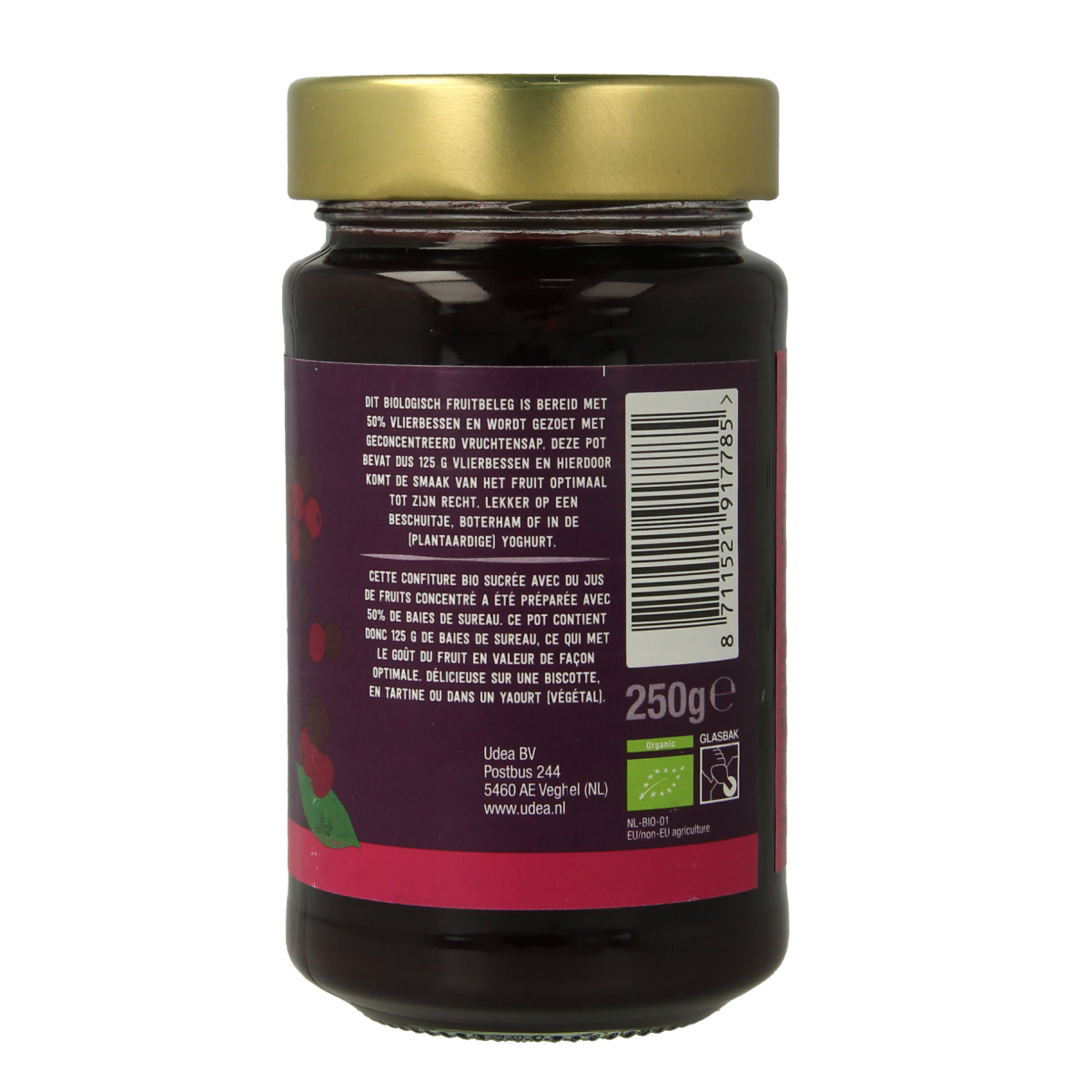 Organic Your Organic Nature Vlierbes fruit spread on bread, showcasing a jar of bio fruit beleg with fresh berries.