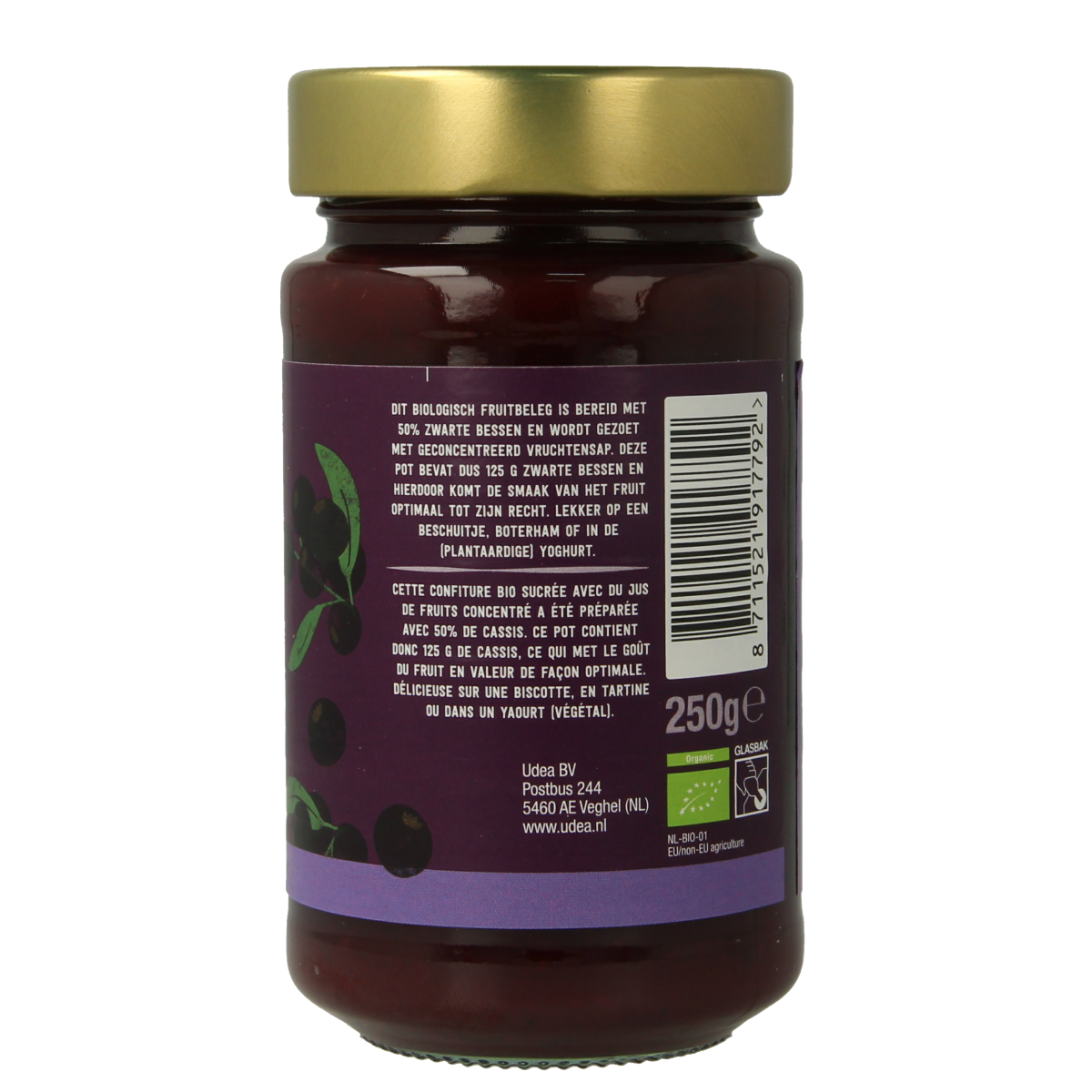 Organic black currant fruit spread from Your Organic Nature on bread, showcasing dark berry jam with fresh fruit texture.