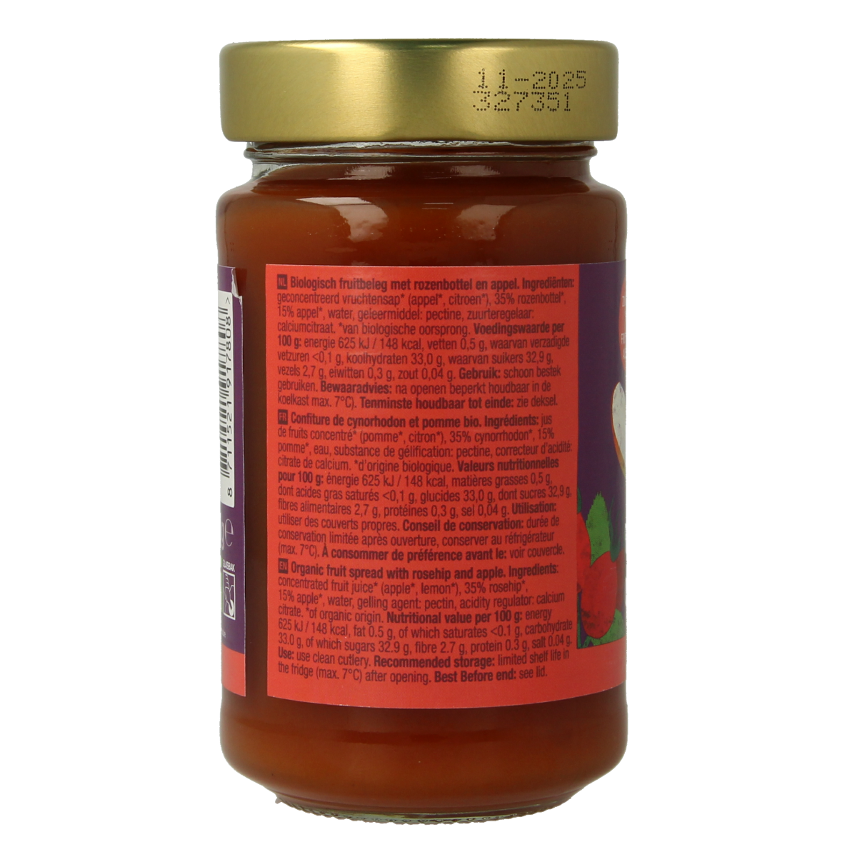 Organic rosehip fruit spread from Your Organic Nature on whole grain bread, showcasing a jar with vibrant rosehip jam.