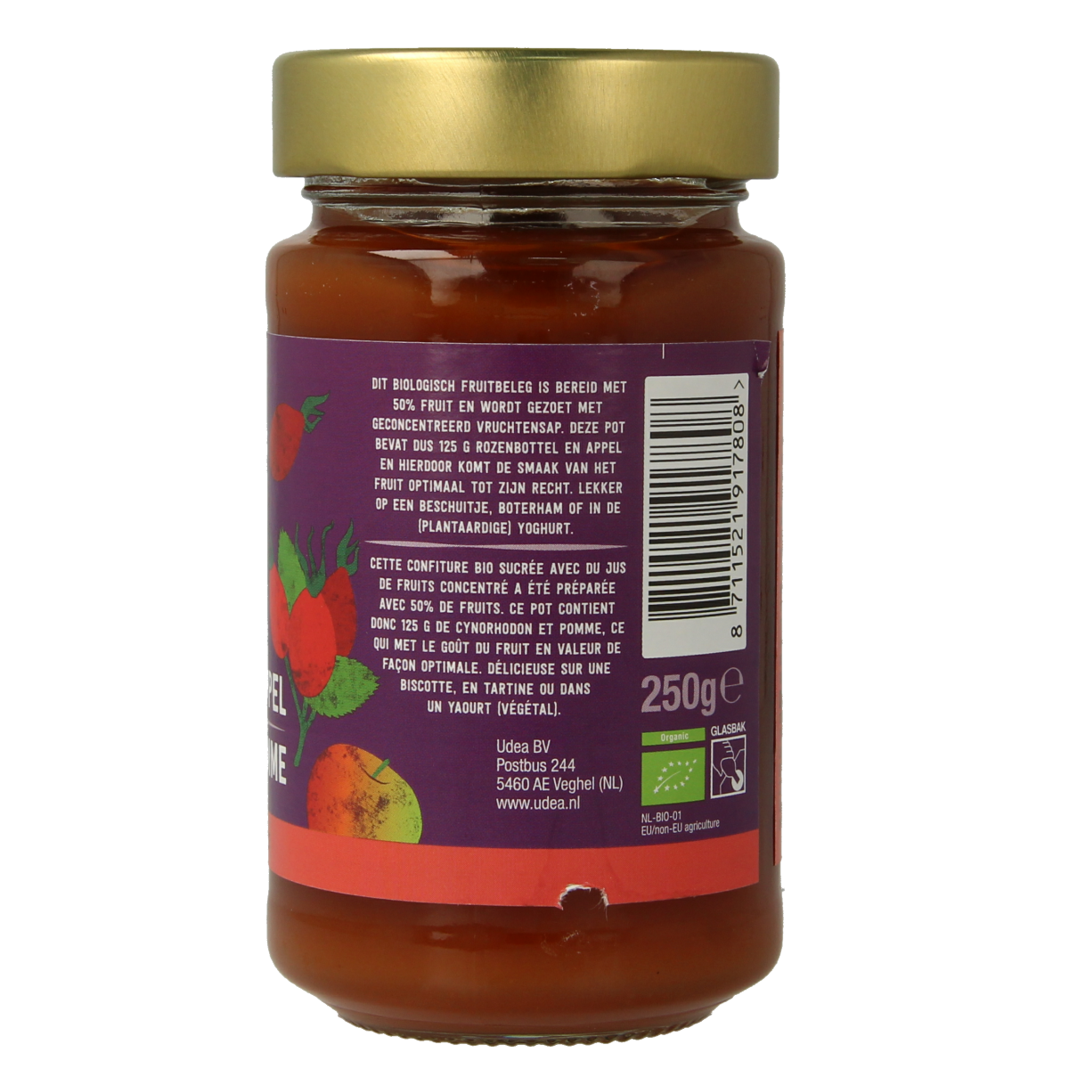 Organic rosehip fruit spread from Your Organic Nature on bread, showcasing a jar of natural, berry-colored fruit preserve.