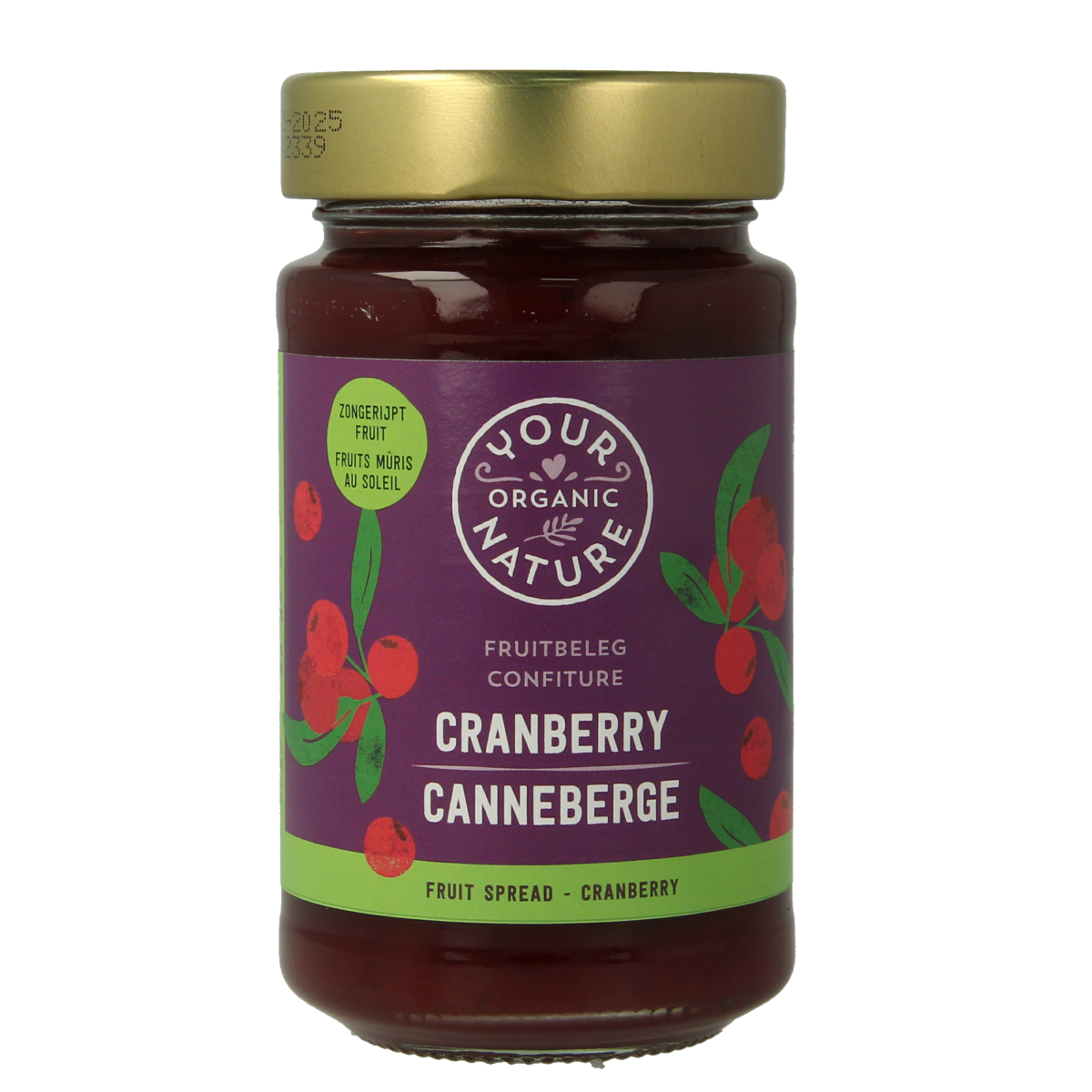 Organic cranberry fruit spread by Your Organic Nature on bread, showcasing a jar of natural, bio cranberry jam for breakfast.