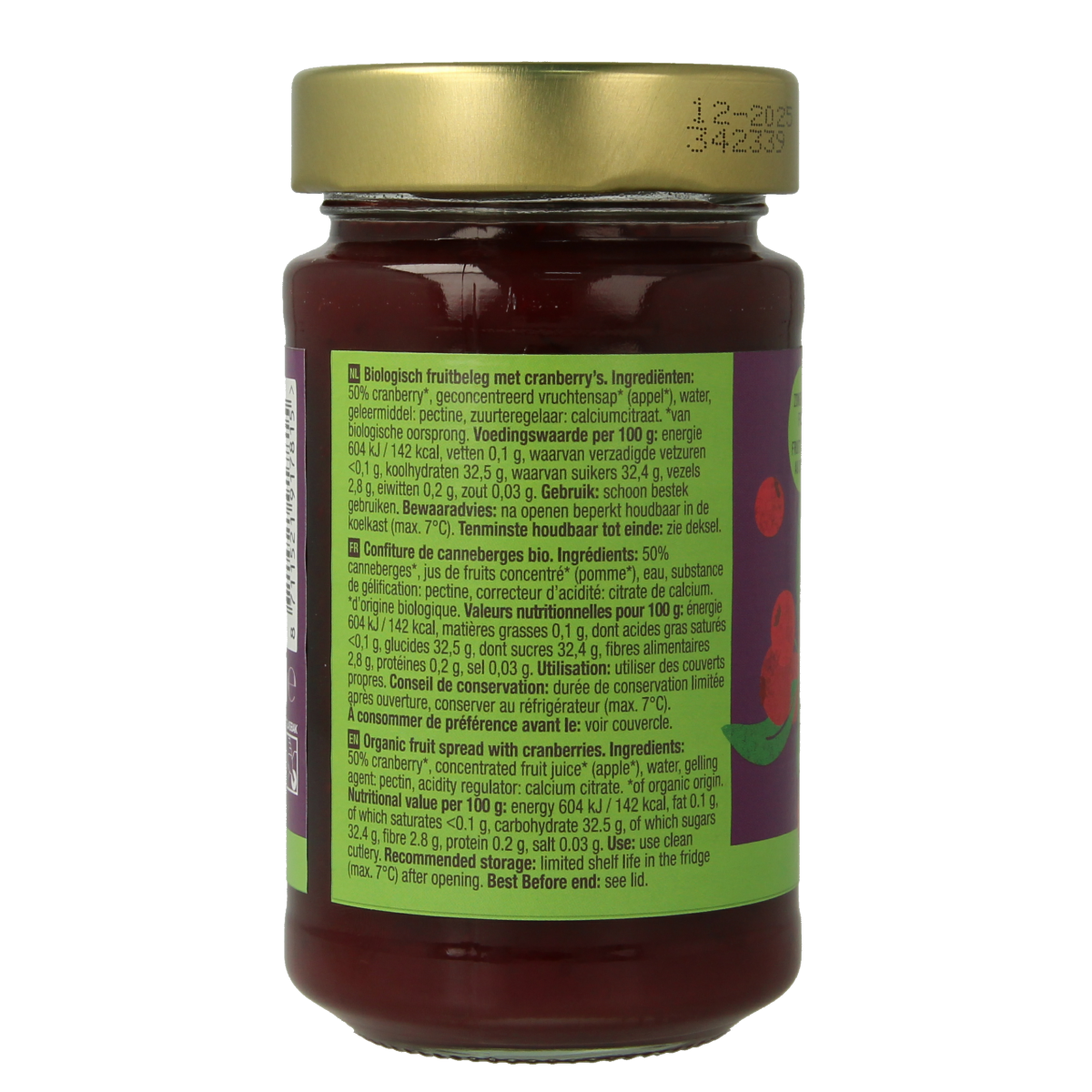 Organic cranberry fruit spread from Your Organic Nature on whole grain bread, showcasing vibrant red color and smooth texture.