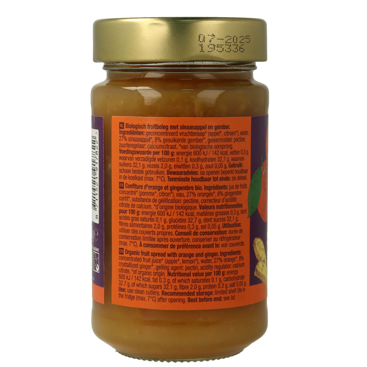 Organic Your Organic Nature orange and ginger fruit spread on bread, 250g jar, with fresh orange slices and ginger pieces visible.
