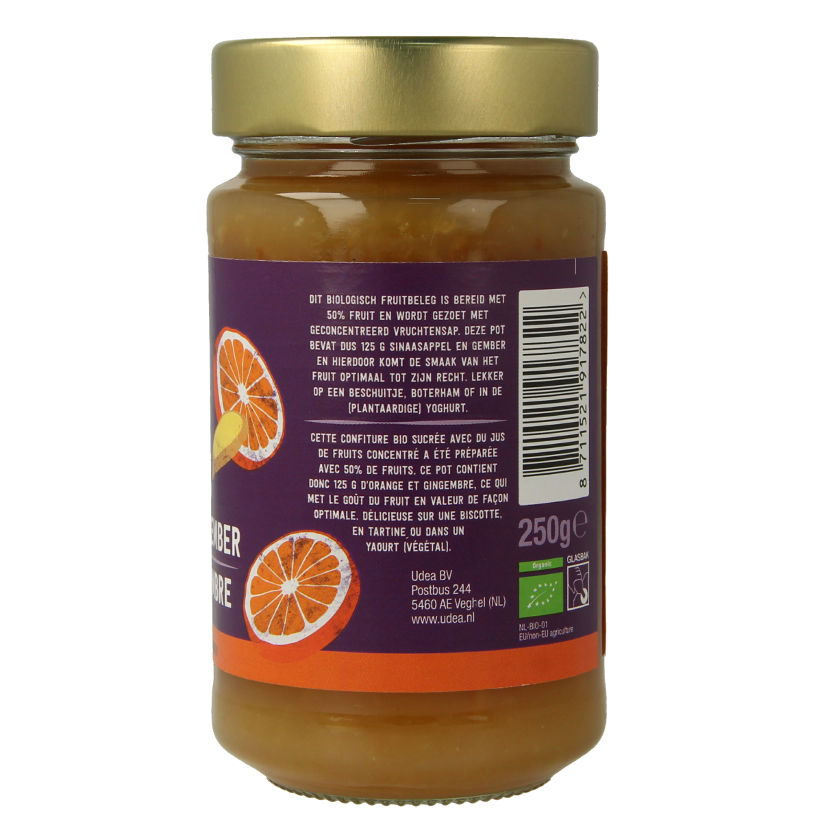 Organic Your Organic Nature fruit beleg with orange and ginger flavor on bread, 250g jar, natural and flavorful spread.