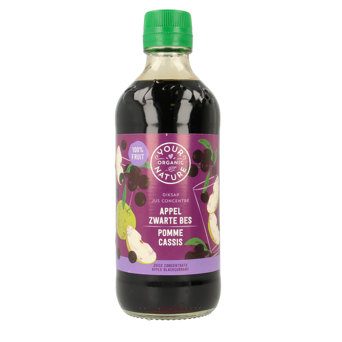 Your Organic Nature Diksap appel zwarte bes bio in 400ml bottle, organic black currant and apple juice, natural and fresh.