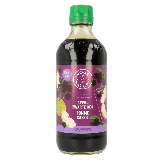 Your Organic Nature Diksap appel zwarte bes bio in 400ml bottle, organic black currant and apple juice, natural and fresh.