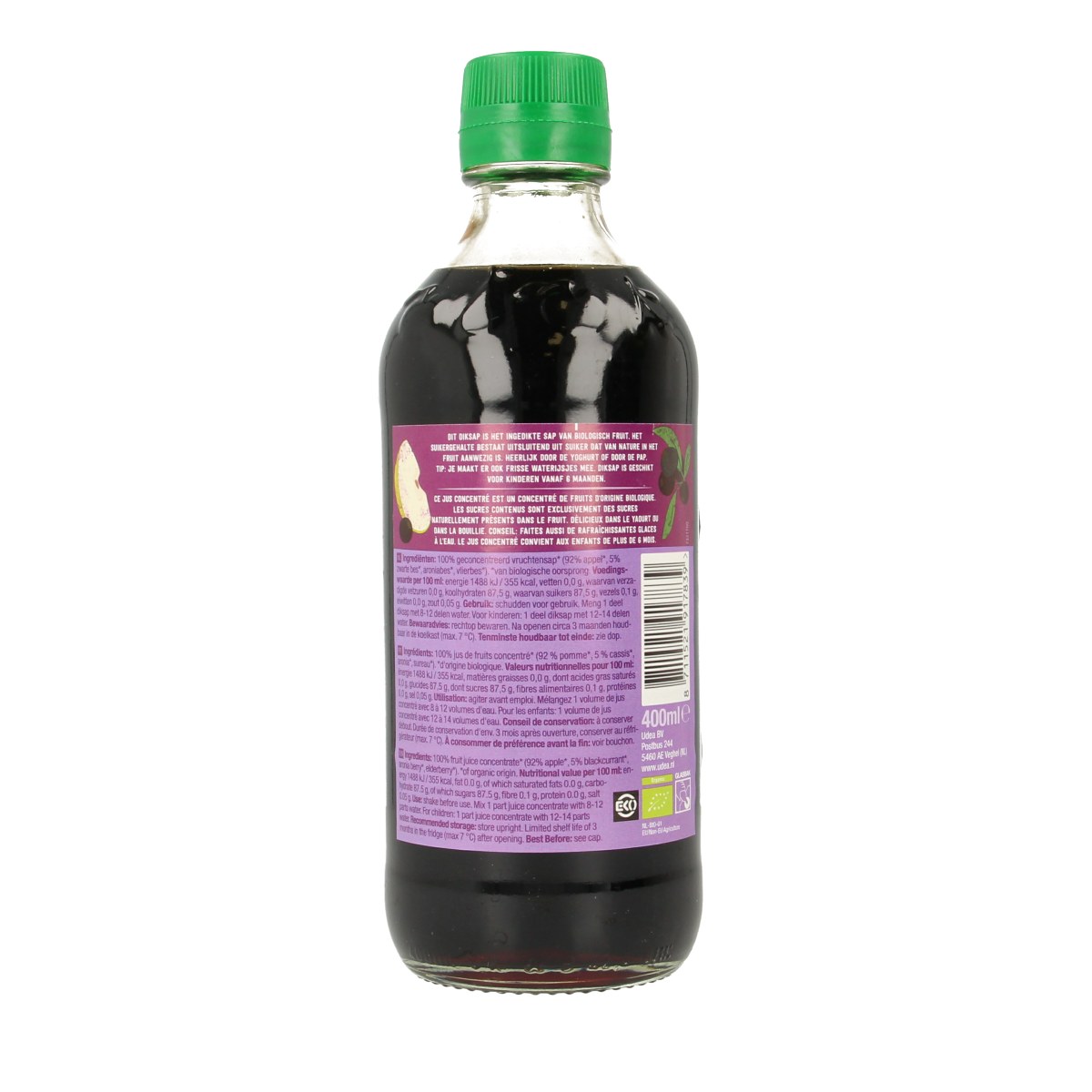 Your Organic Nature Diksap appelsap met zwarte bes in 400ml fles, organic juice with apple and blackcurrant visible in bottle