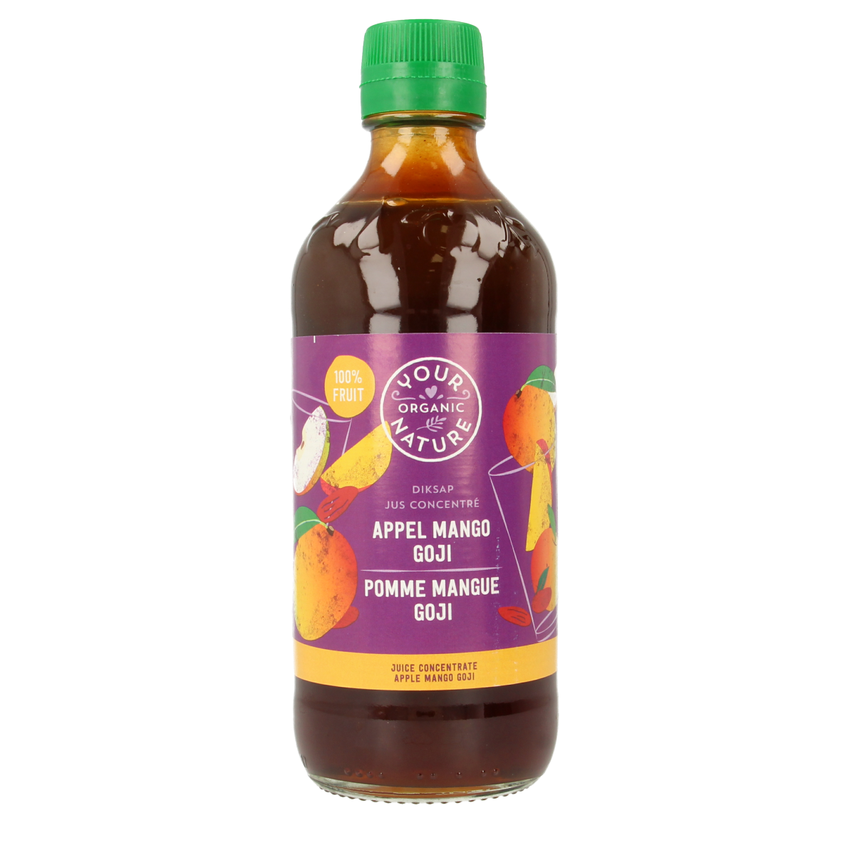 Your Organic Nature Diksap appel mango goji organic drink in 400ml bottle, featuring a colorful label with fresh fruit images.