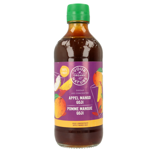 Your Organic Nature Diksap appel mango goji organic drink in 400ml bottle, featuring a colorful label with fresh fruit images.