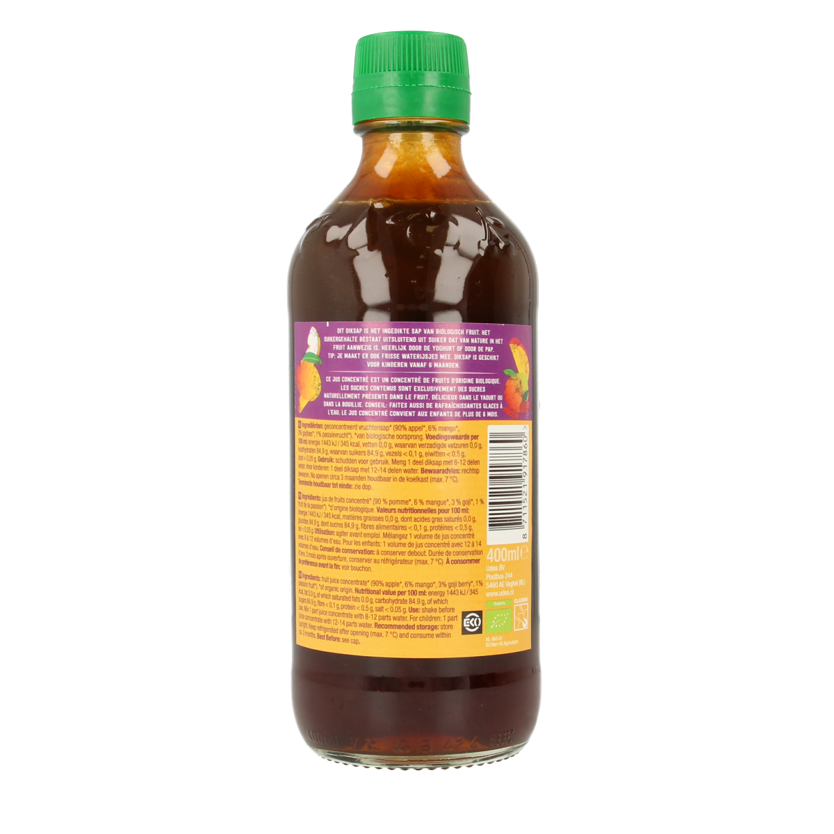 Your Organic Nature Diksap appel mango goji bio 400ml bottle, organic juice featuring apple, mango, and goji berries.