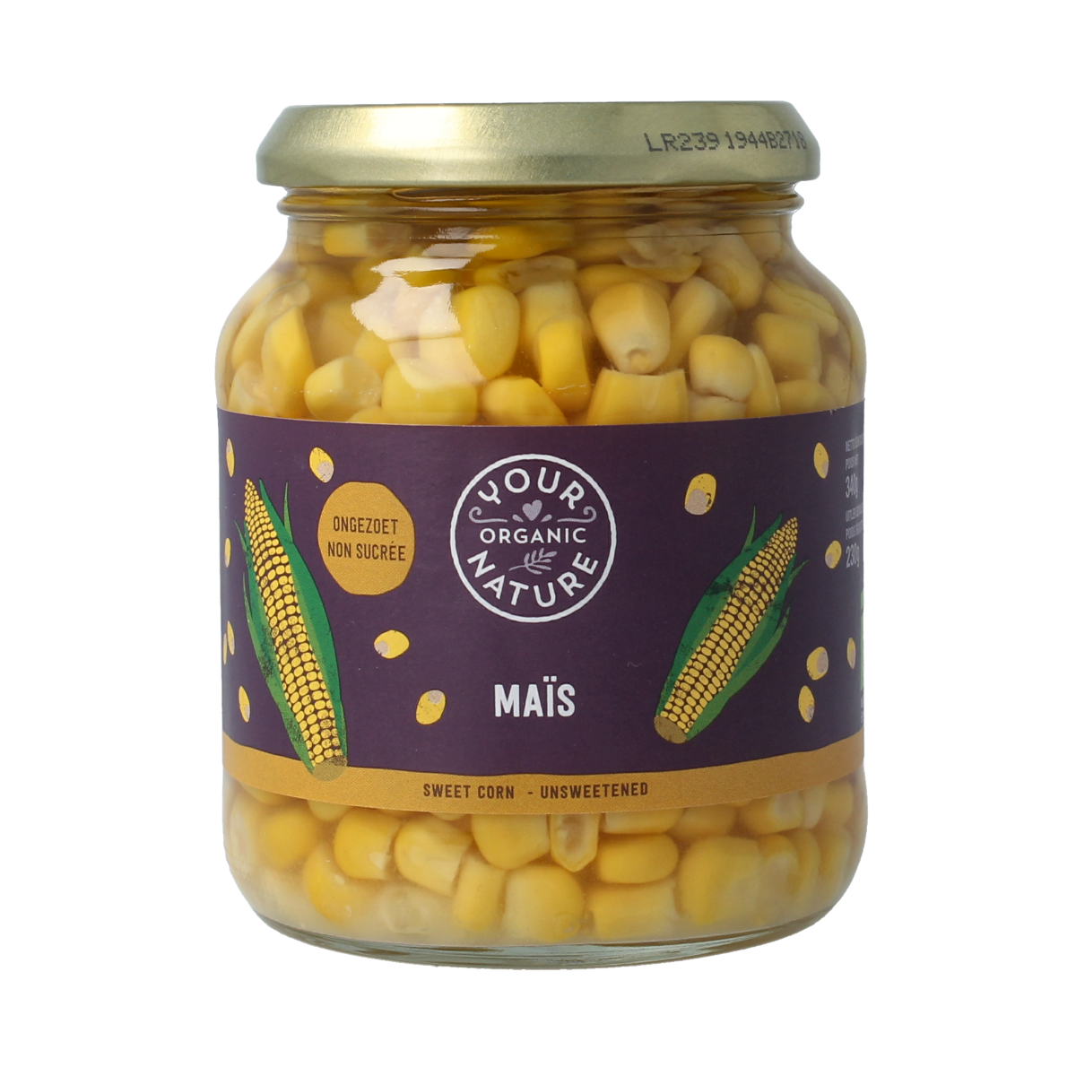 Organic Your Organic Nature maize in 340g package, fresh vegetables and fruit, healthy organic produce.