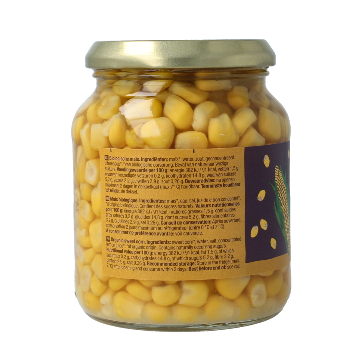 Organic Your Organic Nature maize in a 340g package, fresh vegetables and fruit, natural and healthy produce.