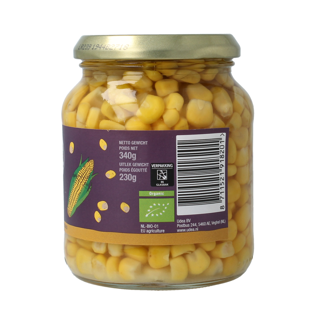 Organic Your Organic Nature Mais bio, 340g, fresh organic corn kernels in a clear container.