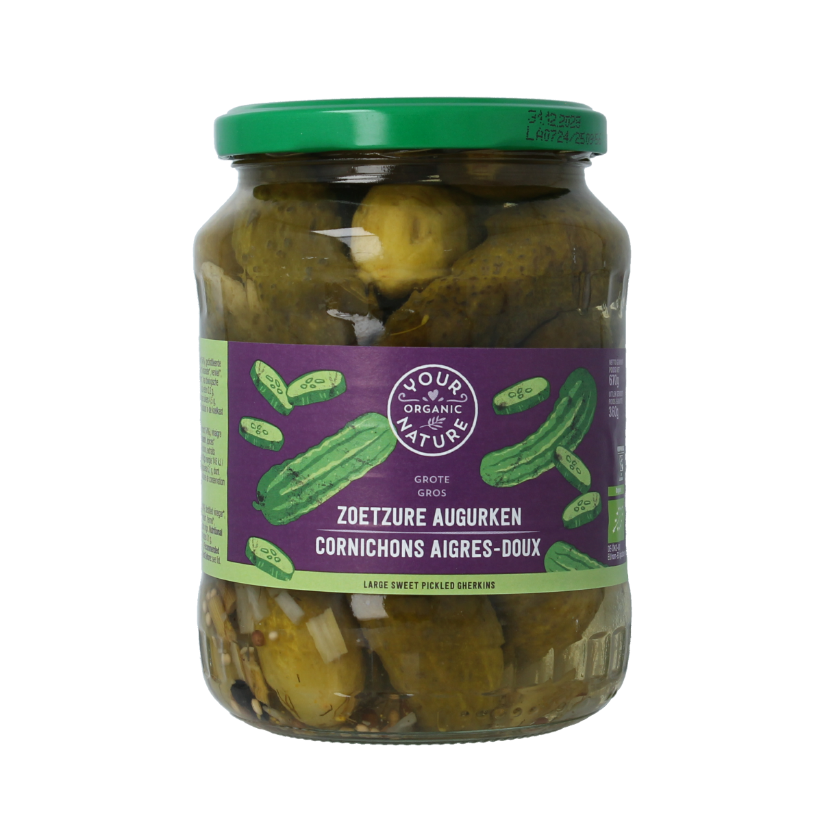 Jar of Your Organic Nature sweet and sour organic pickled cucumbers with potatoes, vegetables, and fruits in a glass jar.