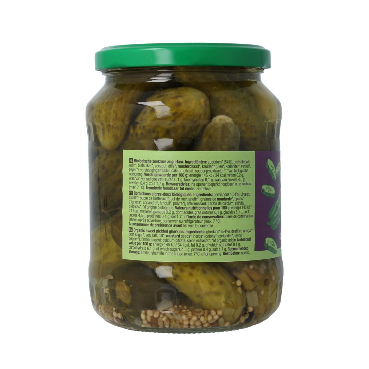 Jar of Your Organic Nature sweet and sour organic pickled cucumbers, 670g, with fresh vegetables and fruits in the image.