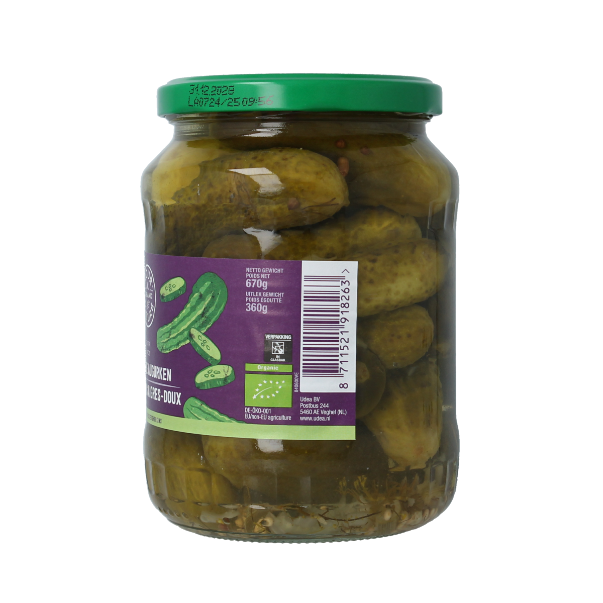 Jar of Your Organic Nature sweet and sour organic pickled cucumbers with potatoes and vegetables in the image.