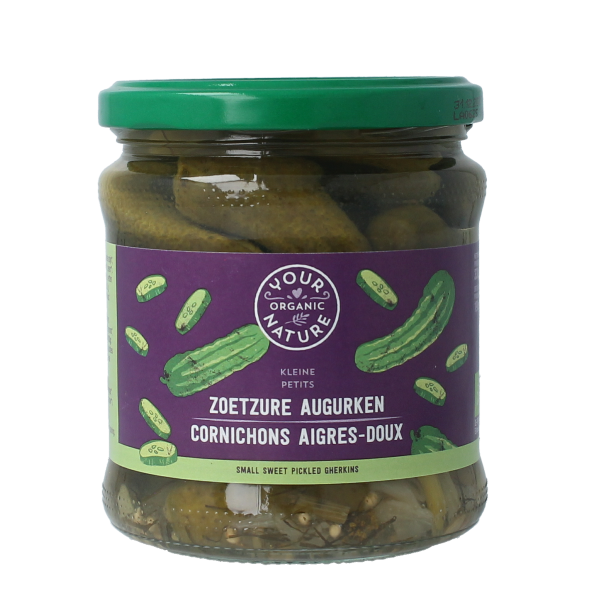 Jar of Your Organic Nature sweet and sour pickled cucumbers in 330g, with fresh vegetables and fruits in the background.