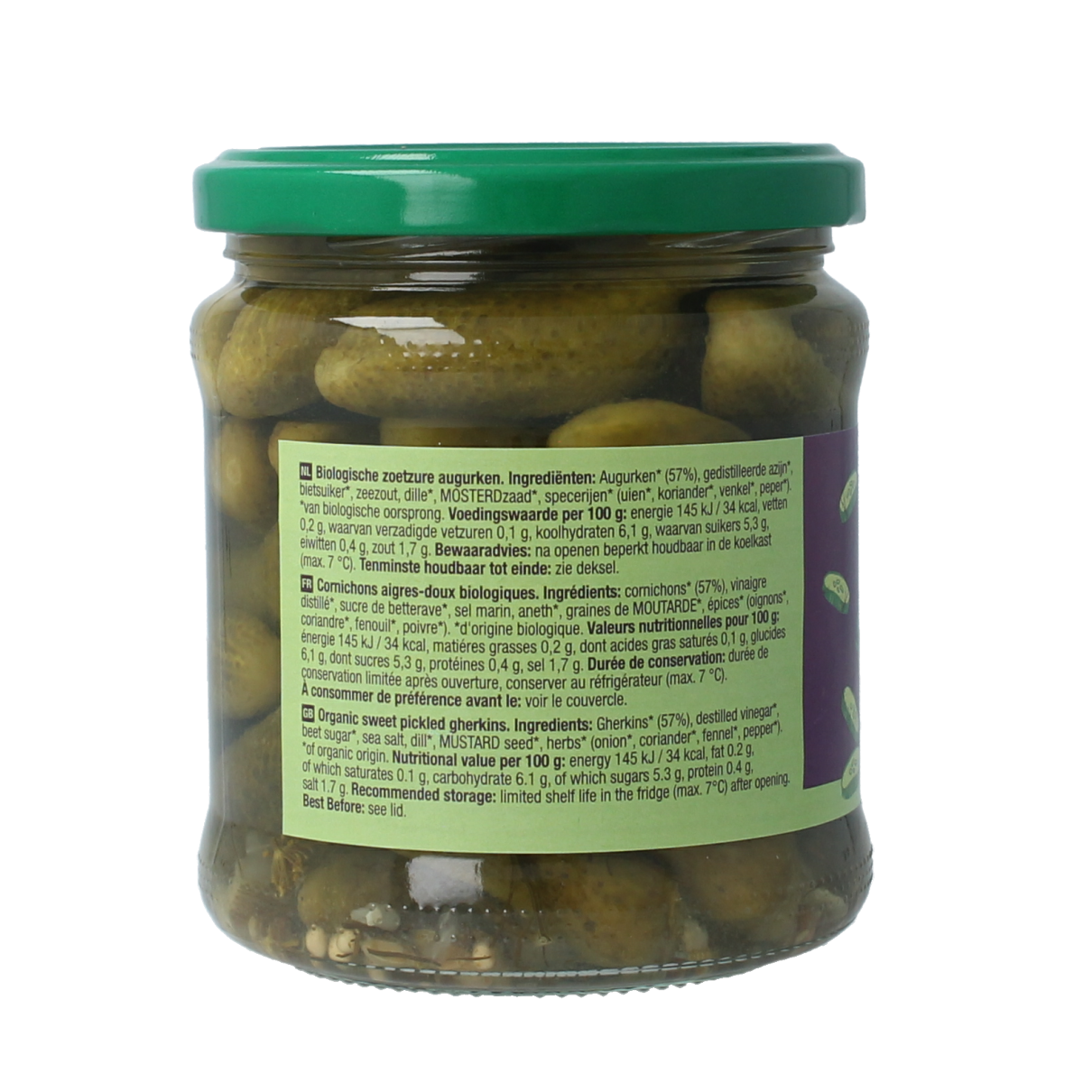 Jar of Your Organic Nature sweet and sour pickled cucumbers in a 330g container, with fresh vegetables and fruits in the background.