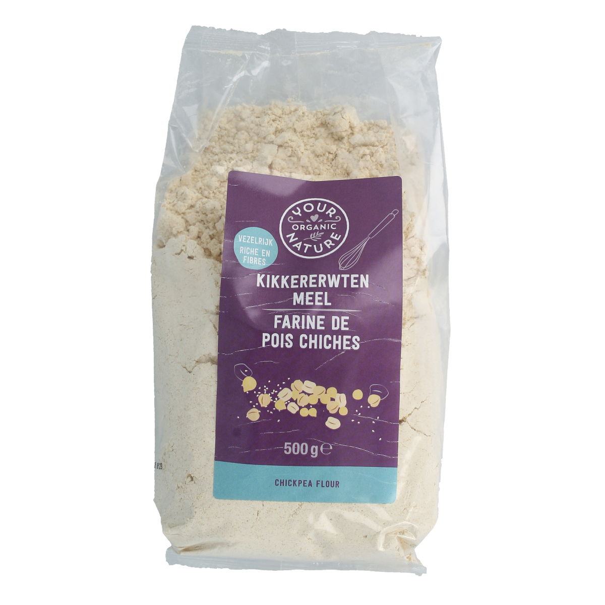 Organic chickpea flour from Your Organic Nature, 500g bag, natural gluten-free baking and cooking ingredient.