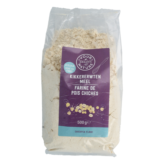 Organic chickpea flour from Your Organic Nature, 500g bag, natural gluten-free baking and cooking ingredient.
