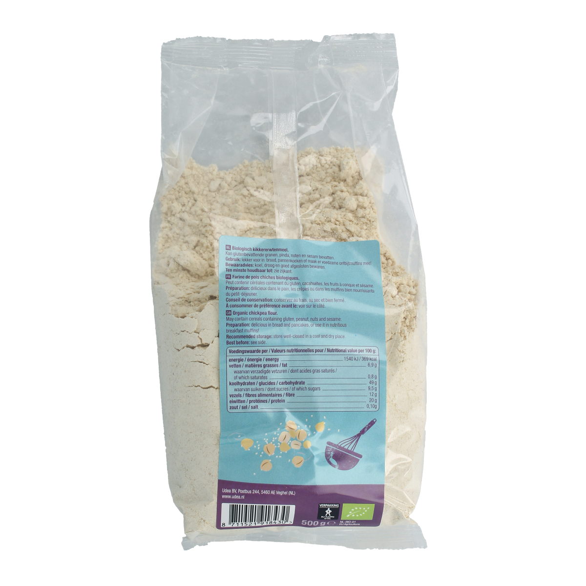 Organic chickpea flour from Your Organic Nature, 500g, in a bag used for baking and cooking, with a natural beige color.