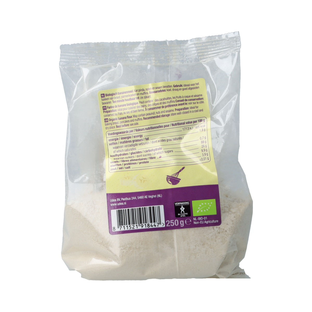Organic Your Organic Nature banana flour in a 250g package, natural banana-based baking mix and flour alternative.