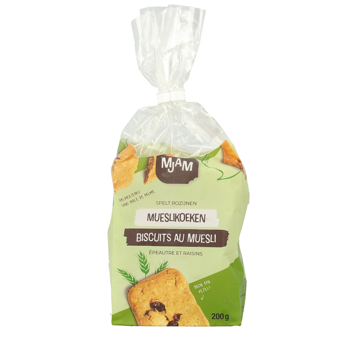 Mjam Mueslikoek spelt bio koeken on a plate, 200g package, crispy and golden, made with organic spelt flour.