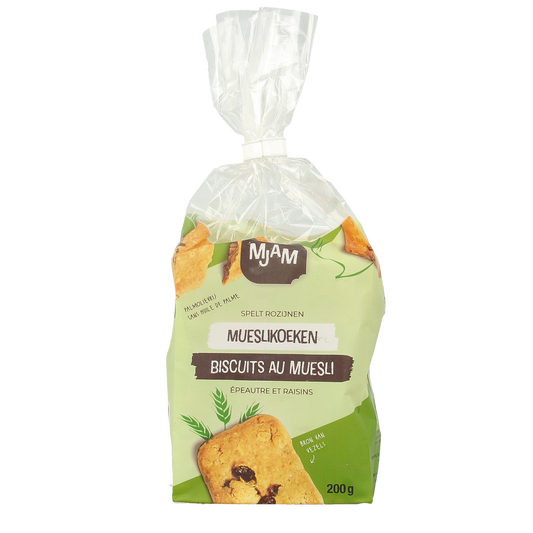 Mjam Mueslikoek spelt bio koeken on a plate, 200g package, crispy and golden, made with organic spelt flour.