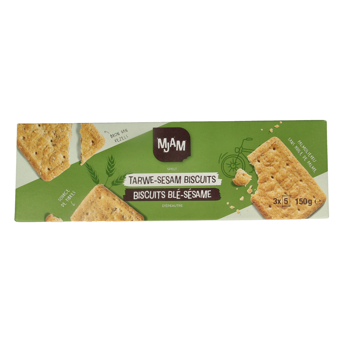 Mjam organic wheat sesame biscuits, 150g, showing round koeken with sesame seeds on top.