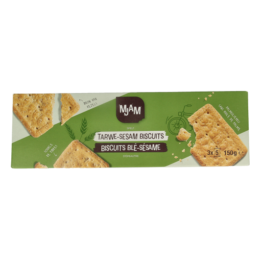 Mjam organic wheat sesame biscuits, 150g, showing round koeken with sesame seeds on top.