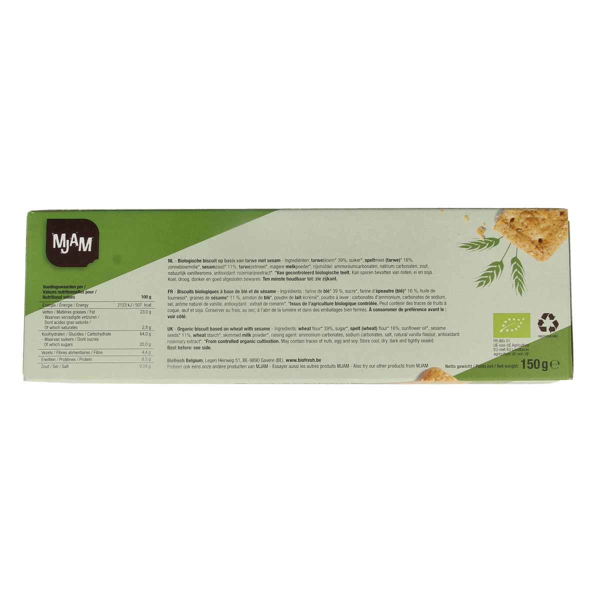 Mjam organic wheat sesame biscuits in 150g package, crispy koeken with sesame seeds, on a white background.