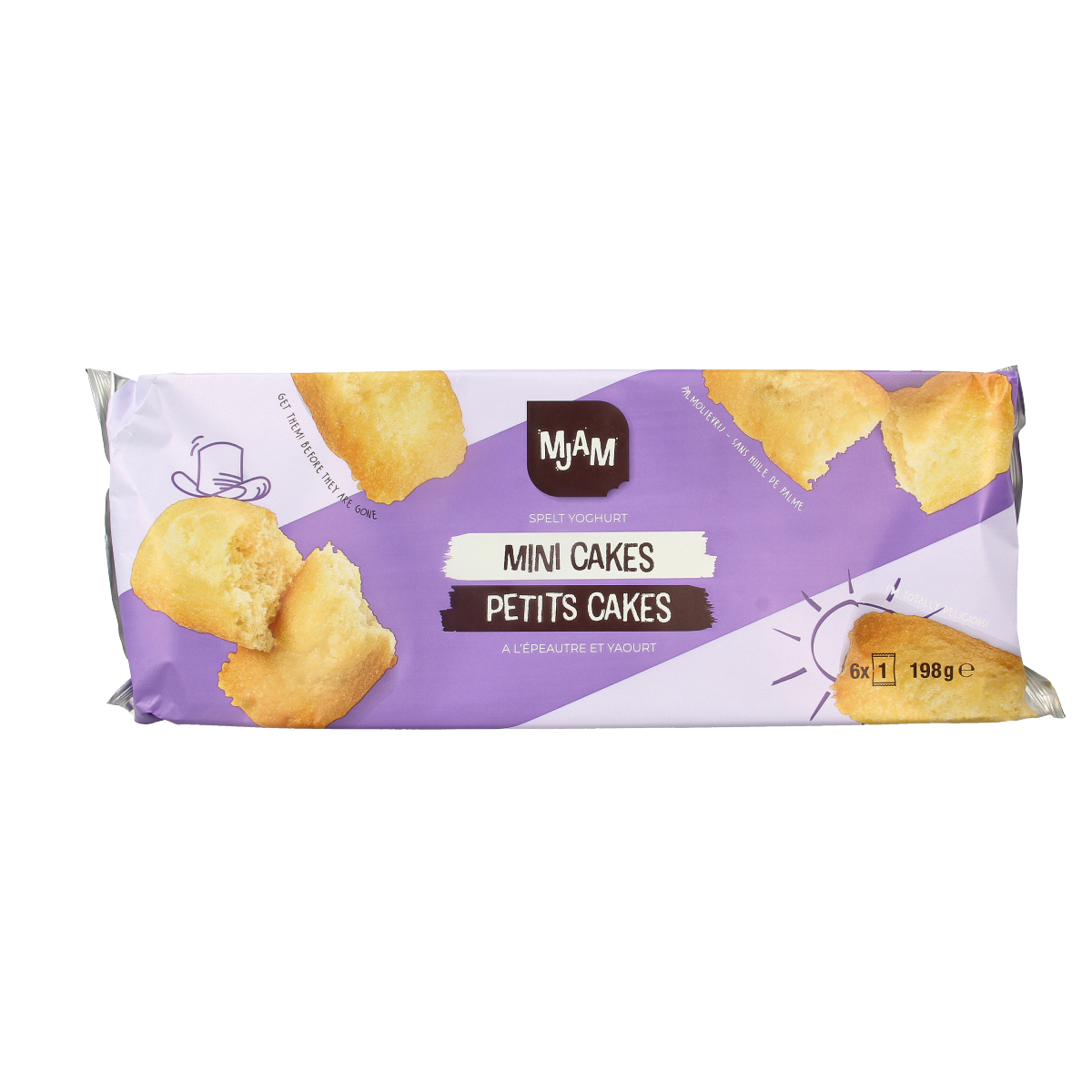 Mjam Mini bio cakes, natural flavor, 198g, showcasing small, round organic cookies on a white background.