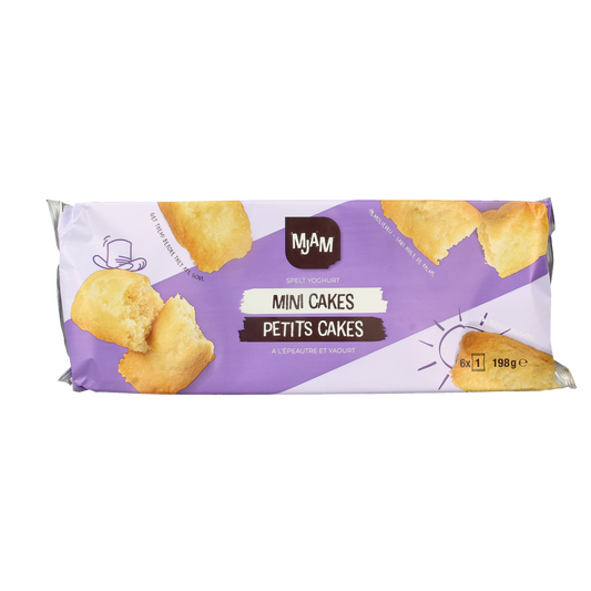 Mjam Mini bio cakes, natural flavor, 198g, showcasing small, round organic cookies on a white background.