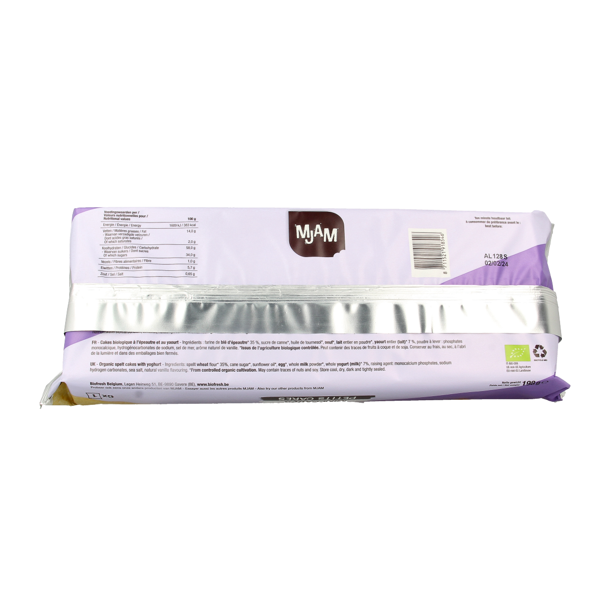 Mjam Bio Mini Cakes koeken, natural and organic, in 198g packaging, featuring golden-brown baked mini cakes with a soft texture.