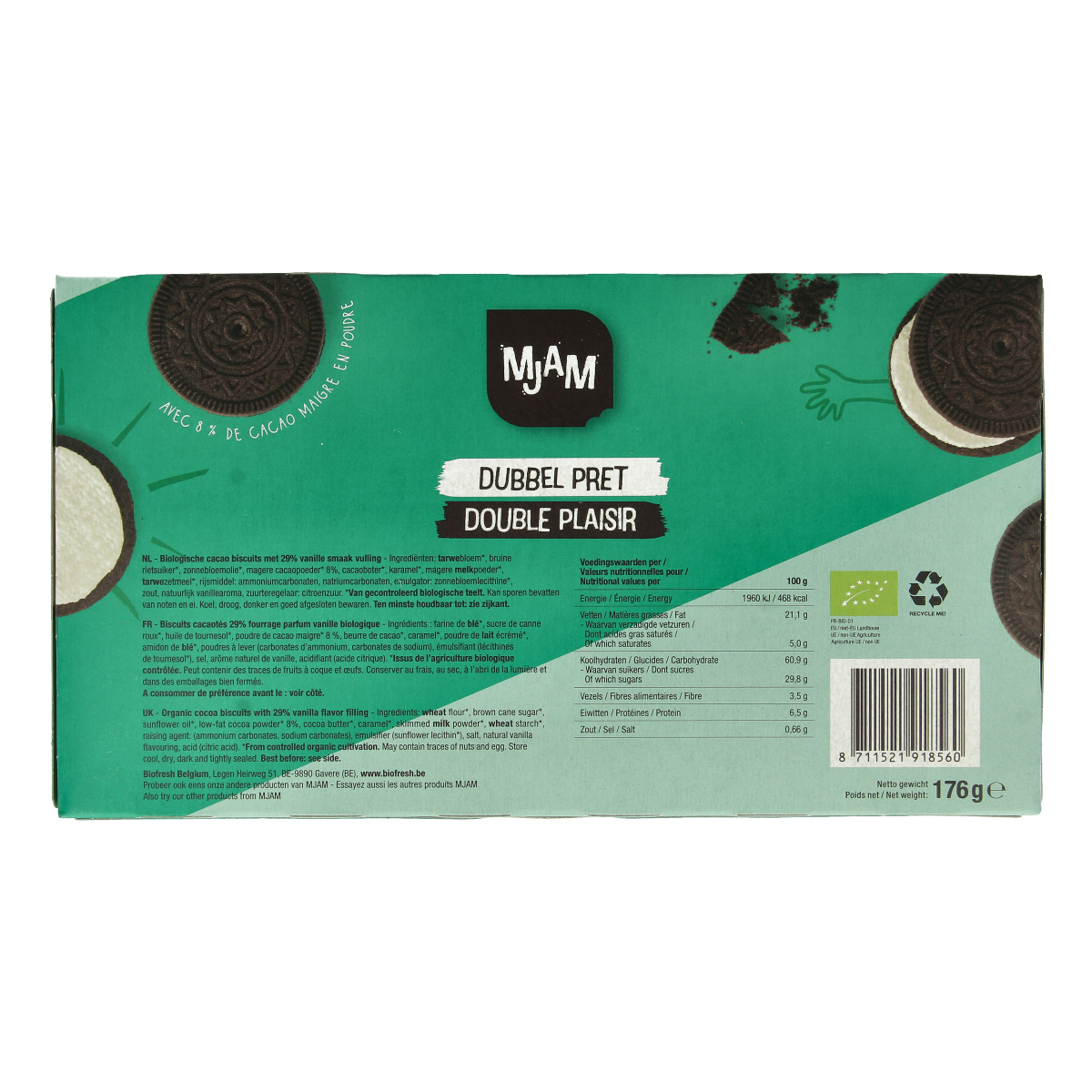 Mjam Dubbelpret bio snack pack, 176 grams, with assorted crunchy and chewy snack pieces in a resealable bag.