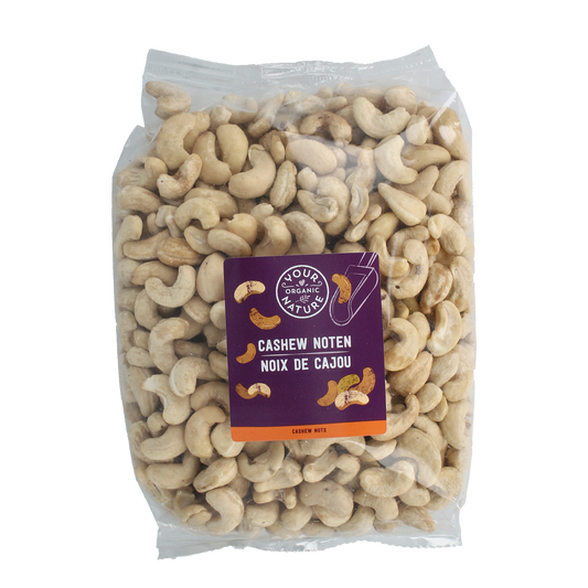 Raw organic cashew nuts from Your Organic Nature, 1kg, showcasing a close-up of fresh, natural cashew kernels in a bowl.