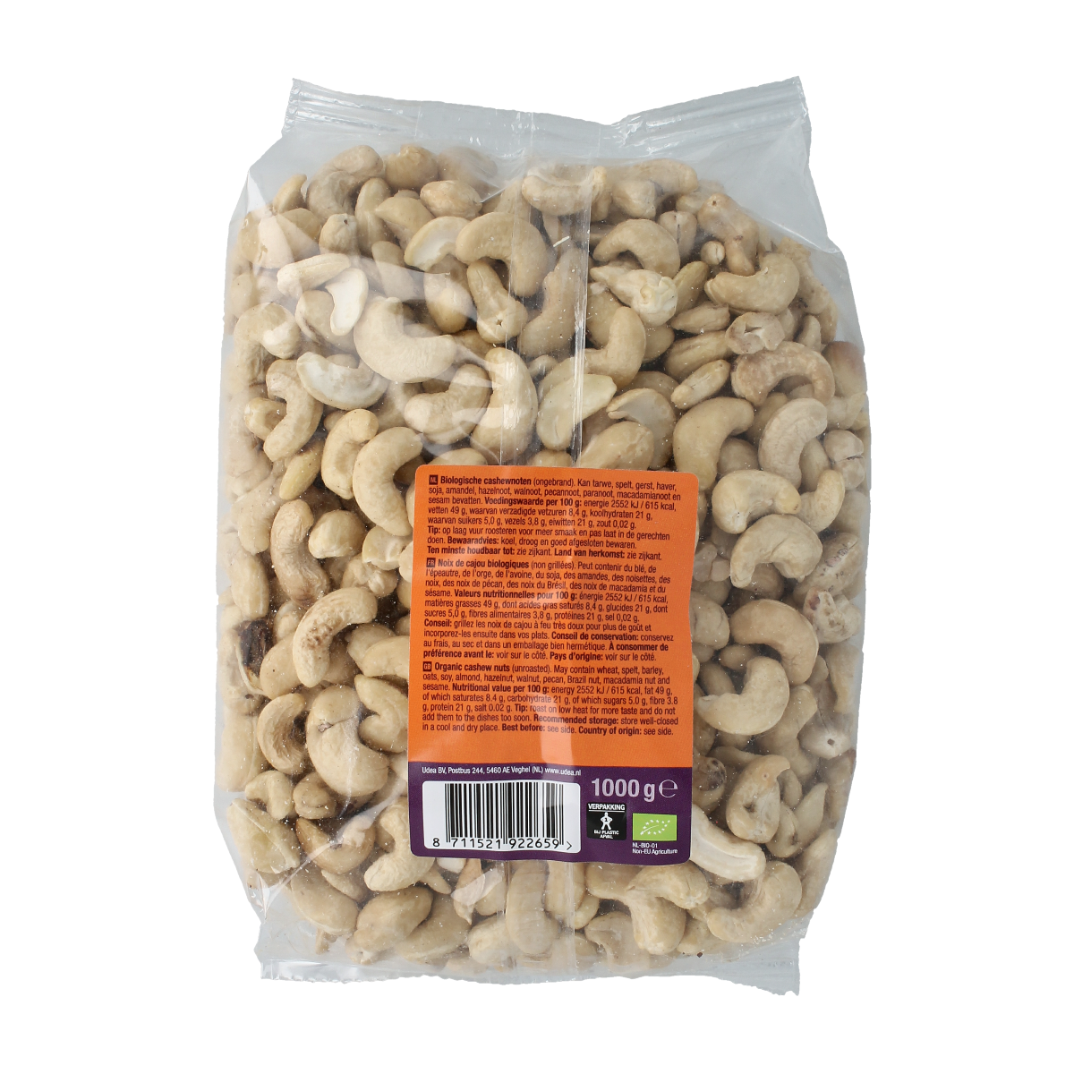 Raw organic cashew nuts from Your Organic Nature, 1kg, shown in a natural, close-up view highlighting their fresh, natural appearance.