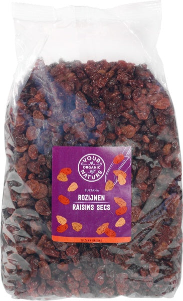 Organic Your Organic Nature Sultana raisins in a 1kg package, ideal for snacks and healthy eating.