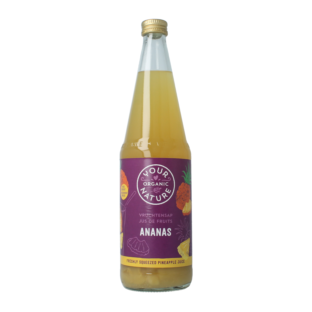 Organic pineapple juice by Your Organic Nature in a 700ml bottle, showcasing fresh pineapple pieces and vibrant color.