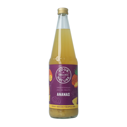 Organic pineapple juice by Your Organic Nature in a 700ml bottle, showcasing fresh pineapple pieces and vibrant color.