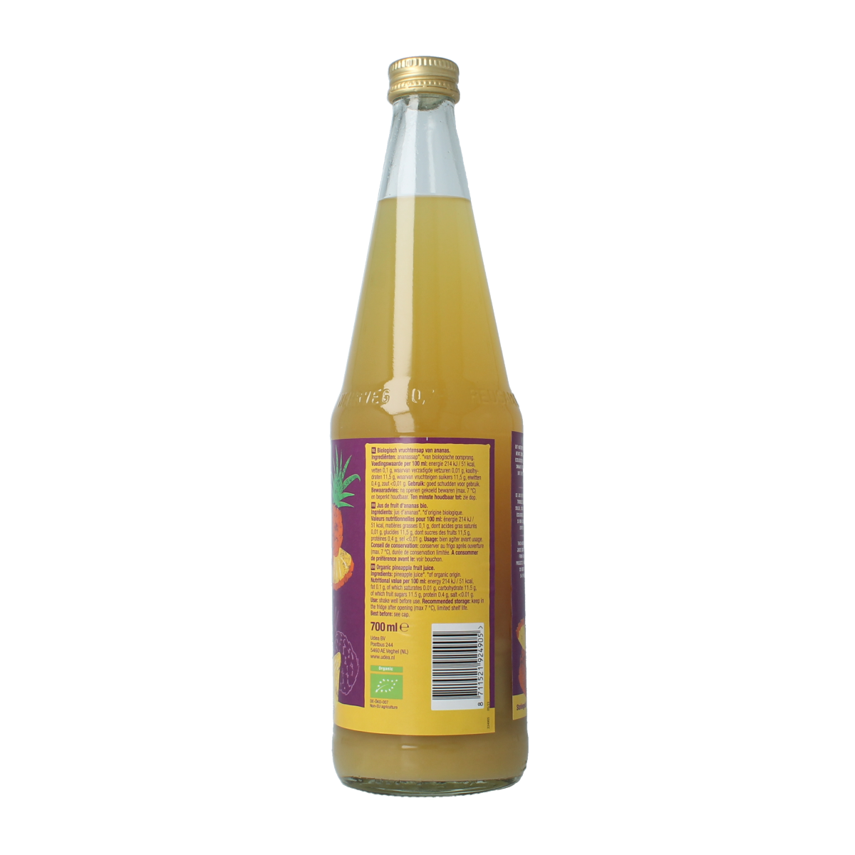 Glass of Your Organic Nature organic pineapple juice in a 700ml bottle, showcasing fresh pineapple slices and vibrant color.