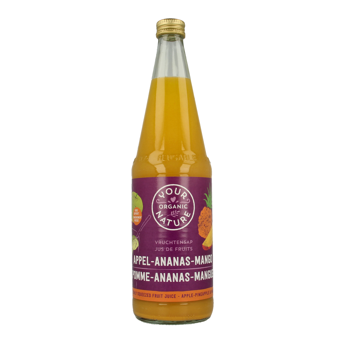 Your Organic Nature organic fruit juice with apple, pineapple, and mango in a 700ml bottle, showcasing fresh fruit blend.