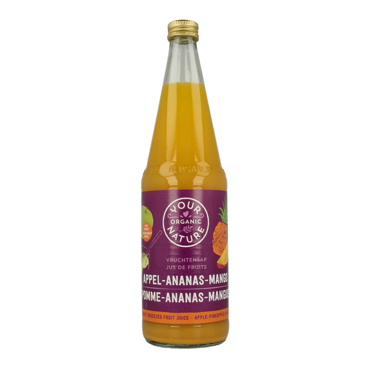 Your Organic Nature organic fruit juice with apple, pineapple, and mango in a 700ml bottle, showcasing fresh fruit blend.