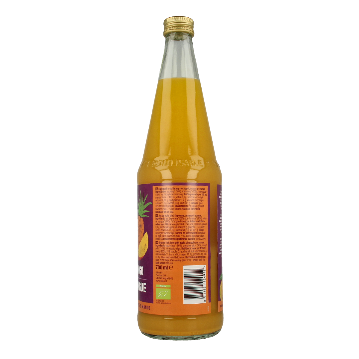 Your Organic Nature organic fruit juice bottle with apple, pineapple, and mango flavor, 700ml, in clear glass bottle.