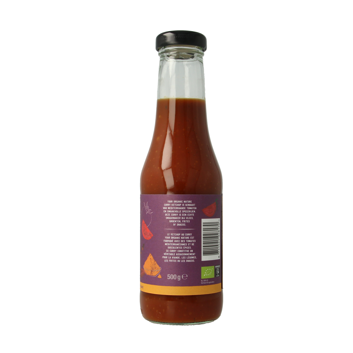 Organic Nature Curry Ketchup in a 500g bottle, showcasing the label and rich, reddish-brown sauce inside.