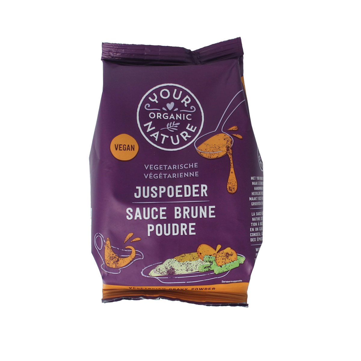 Organic vegetarian Juspoeder sauce mix from Your Organic Nature in a 200g package, displayed in a natural setting.