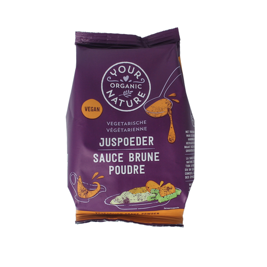 Organic vegetarian Juspoeder sauce mix from Your Organic Nature in a 200g package, displayed in a natural setting.